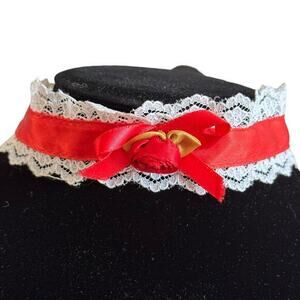 Red Lace Ribbon Choker Necklace Handmade Anna Konya Vintage Renaissance Faire